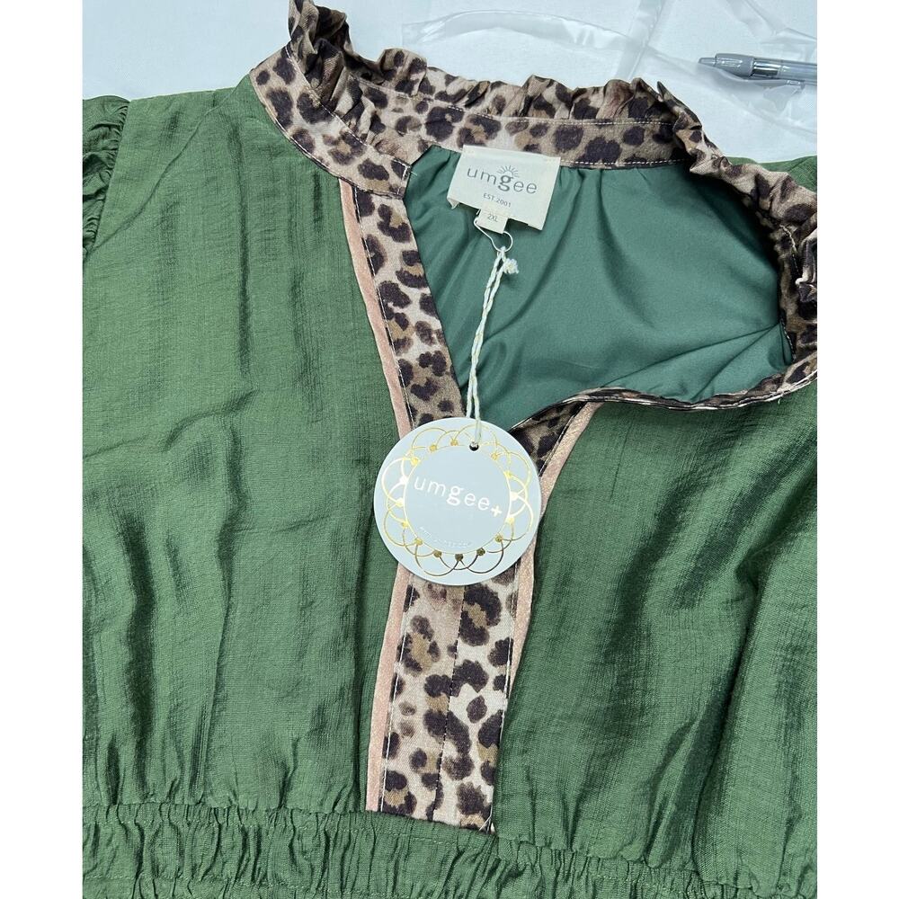 Umgee Olive Leopard Trim Midi Dress Smocked Waist Lined NWT Plus 2X - Picture 5 of 8